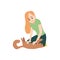 Woman is kneeling and strokes cat stomach cartoon style