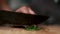 Woman with knife cuts bunch of fresh dill on wooden board. Preparation salad