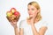 Woman knows how stay in shape and be healthy. Major portion of your meals will comprise of apple. Girl hold basket with