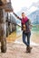 Woman on lake braies in south tyrol, italy