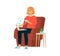Woman with laptop and cup earns money sitting in chair cartoon style