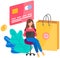 Woman with laptop orders goods on the internet. Girl pays for purchases online vector illustration