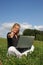 Woman with laptop posing with thumbs up sign