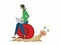 Woman with laptop riding on slow and tired snail. Isolated. Vector illustration.