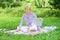 Woman with laptop sit on rug grass meadow. Steps to start freelance business. Online or freelance career ideas concept