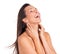 Woman, laughing and beauty with hair care, smile and cosmetics from salon in studio. Dermatology, wellness and glow with