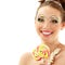 Woman laughing with candy and beautiful make-up young attractive