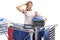 Woman with a laundry basket holding her head in disbelief