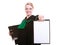 Woman lawyer attorney in classic polish gown holds clipboard blank sign