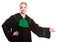 Woman lawyer attorney in classic polish gown in welcome gesture