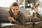 Woman laying on divan in loft apartmen