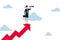 Woman leader with lady power business vision, success businesswoman standing on top of rising arrow with telescope to see future