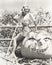 Woman leaning on large jack o\'lantern on farm