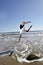 Woman leaping win waves on beach