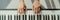 Woman learning to play piano at home on digital keyboard. Panoramic banner crop of hands playing beginner chords to