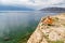 Woman on ledge overlooking Adriatic Sea, Rab Island, Croatia