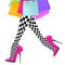 Woman leg with pink high heel shoes, shopping bags