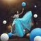 The Woman levitates. A beautiful girl in a blue fluffy gown Leets along with balloons. Dynamic art photography. Fantasy