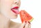 woman licking watermelon with red lips, desire