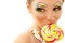 Woman licks candy with beautiful make-up