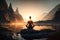 woman lifestyle balanced practicing meditate and zen energy yoga, sunrise, back view, generative Ai