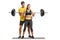 Woman lifting a barbell with the help of a fitness coach