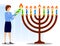 Woman lights candles on candlestick with Menorah candle. Jewish holiday of Hanukkah. Holiday elements. Cartoon vector