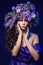 Woman Lilac Flower Wreath Hat, Beautiful Sexy Fashion Models with Purple Flowers in Hairstyle