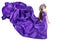 Woman Lilac Wreath, Silk Purple Dress Fluttering on Win, Beautiful Fashion Gown Waving on White
