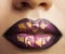 Woman lips with creative magenta make up. macro