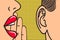 Woman lips with hand whispering in mans ear with speech bubble. Pop Art style, comic book illustration. Secrets and gossip concept