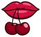 Woman lips hold cherries. Fashion sexy sticker