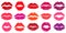 Woman lips red lipstick kiss prints, lip kisses elements. Female lips kiss imprints, woman red lipstick kiss shapes