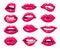 Woman lips. Red sexy mouth, female pink kiss with lipstick makeup. Hot girl open lip tongue. Isolated cartoon glamour