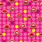 Woman lips with smile with red lipstick in comics and pop art style on pink background. Female lips and mouth with white