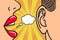 Woman lips whispering in mans ear with speech bubble. Pop Art style, comic book illustration. Gossip and secrets concept.