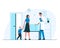 Woman and a little boy at the doctor`s appointment. Vector concept medical illustration of a smiling young woman entering