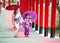 Woman and little girl in kimono holding umbrella walking into at the shrine red gate, in Japanese garden