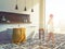 Woman in loft white tiled floor bathroom