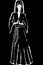 Woman in long dress on black background Queen of darkness ink illustration
