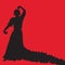 Woman in long dress stay in dancing pose. flamenco dancer, spanish. black silhouette Isolated on red background. Vector