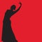 Woman in long dress stay in dancing pose. flamenco dancer, spanish. black silhouette Isolated on red background. Vector