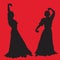 Woman in long dress stay in dancing pose. flamenco dancer, spanish. black silhouette Isolated on red background. Vector