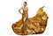 Woman in Long Golden Evening Dress waving in Air. Elegant Fashion Model in Shiny Luxury Gown with Gold Jewelry over Studio White