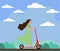 Woman with long hair enjoying beautiful nature riding a scooter around, concept illustration image