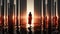 A woman in a long red dress standing in a room of columns. Generative AI image.