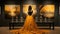 A woman in a long yellow dress standing in front of three paintings. Generative AI image.