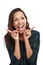 Woman, looking away and hand gesture with smile, fashion and shirt in white background or studio. Female person