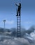 A woman looking for a cell phone signal is seen at the top of a ladder above the clouds searching for that signal