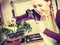 Woman looking magnifier at vegetables